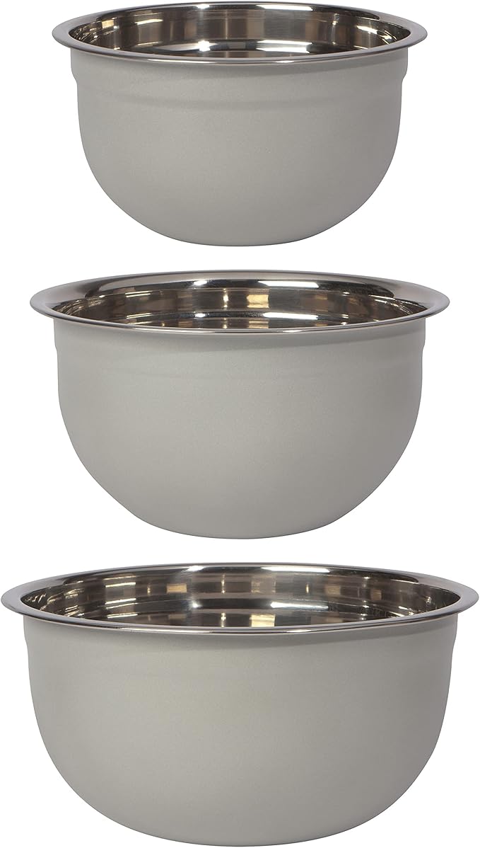 Now Designs Matte Coated Steel Mixing Bowls, Fog Gray, 5 qt, 3 qt, 1.5qt, Set of 3