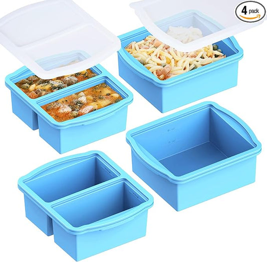 Silicone Freezer Trays with Lids, Set of 4 - with 1cup and 2 cup Silicone Freezer Molds for freezing soups, sauces and individual microwave safe