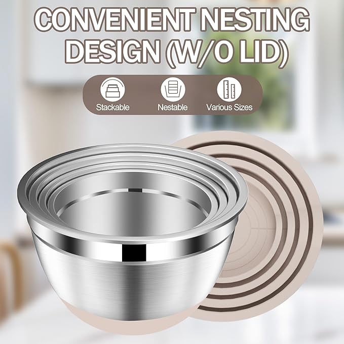Stainles Steel Mixing Bowls with Lids Set, Stackable Metal Mixing Bowl with Strainer, 5-Piece - Beige