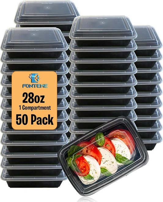 Single Compartment Meal Prep - 50 Pack - Rectangular Container with Airtight Lid – Freezer, Microwave & Dishwasher Safe – Stackable – BPA Free Plastic (Black) 28oz