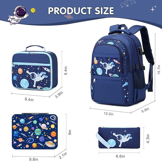 Boys Backpack - Astronaut Bento Box with Insulated Lunch Bag Pencil Case & Utensils Set for Kids, 6 Leakproof Compartments Removable Tray Lunches or Snack Container