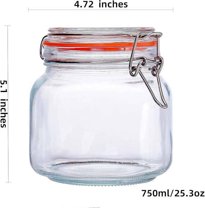25 oz Glass Jars With Airtight Lids And Leak Proof Rubber Gasket,Wide Mouth Mason Jars With Hinged Lids For Kitchen Canisters 750ml, Glass Storage Containers