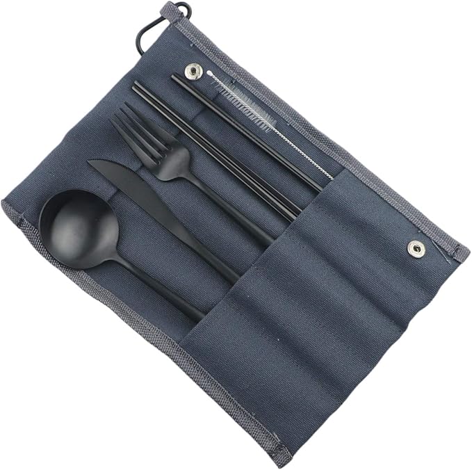 Reusable Travel Utensils, 7 Piece Portable 304 Stainless Steel including Knife Fork Spoon Chopsticks Cleaning Brush Straws Portable Pouch, Eco-friendly Camping Silverware Set, Dishwasher Safe