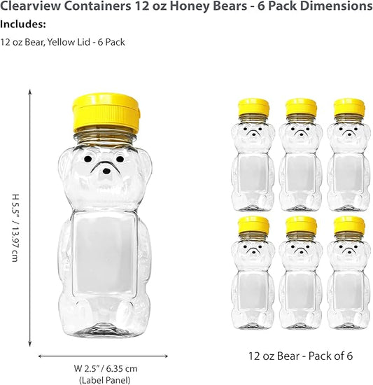 6 Pack of 12 Ounce Clear Honey Bears with Sealable Yellow Flip Top Lids (12 oz. Clear Bear, 6pk, Yellow)