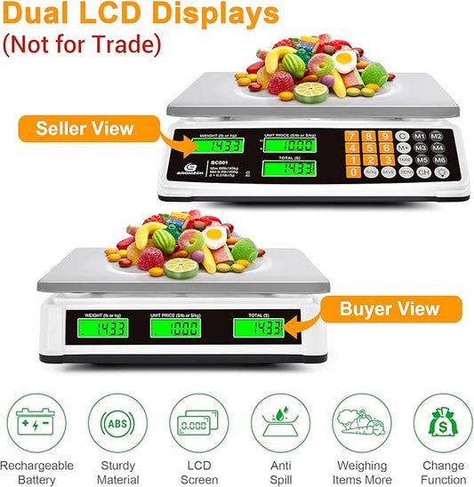 Price Computing Scale 88lb/40kg Commercial Food Scale for Produce Meat Weighing, LCD Display and Green Bright Backlight for Farmers Markets, Meat Shop, Deli, （Not for Trade）