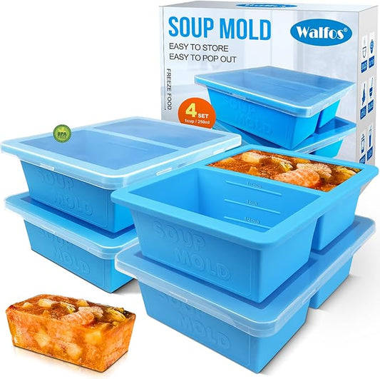 Walfos Silicone Freezer Tray with Lid - 1.5Cup Silicone Food Freezer Tray - Soup, Sauce, leftovers, Homemade Meal Prep Freezing Kitchen Storage Containers - 4pcs-blue