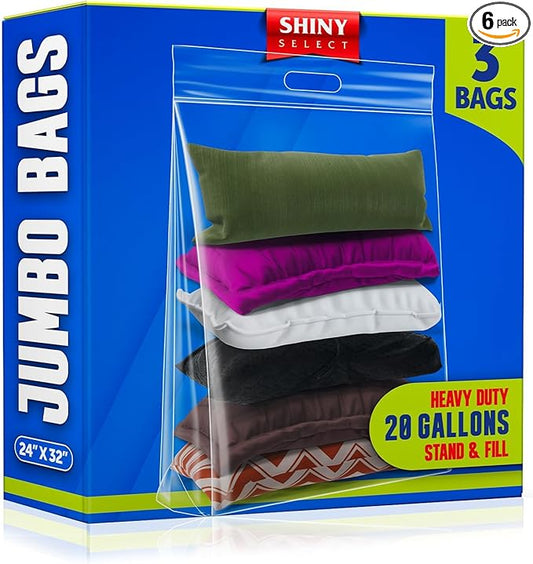 20 Gallon Jumbo Storage Bag with Handle, Resealable Zipper Top 24x32, 6 Bags - Clear Big Plastic, Extra Large XL, 4 Mil Thick Heavy Duty for Travel, Camping Gears, Pillows, Comforters…