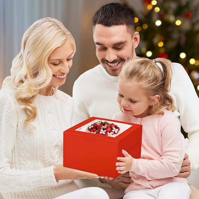 KPOSIYA 40pcs 8x8x5 inches Cake Boxes with Cake Boards（20 Boxes & 20 Boards）, Red 8 inch Cake Boxes with Window,Cajas Pasteles Square Cardboard Cake Containers for Christmas Thanksgiving