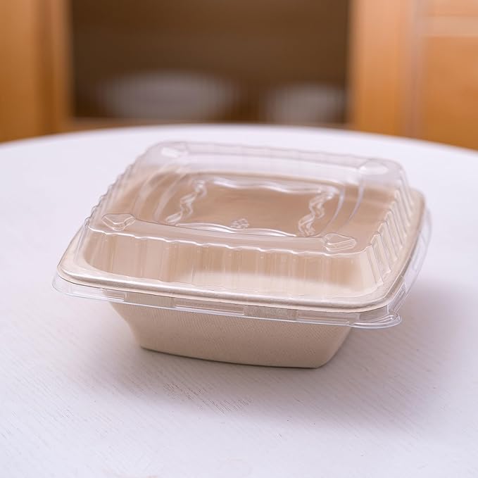 Paper Bowls 24 oz - Disposable Heavy Duty Compostable Square Bagasse Bowls for Salad, Chili, Poke, Burrito, Cereal, Pasta, Dessert, Biodegradable Meal Prep Containers with Lids, 25 Pack