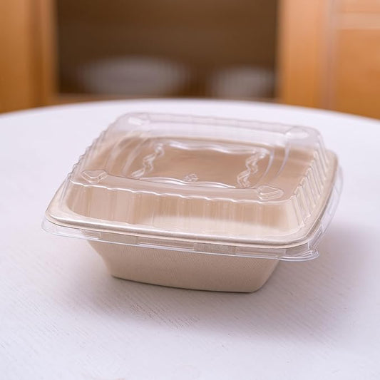 Paper Bowls 24 oz - Disposable Heavy Duty Compostable Square Bagasse Bowls for Salad, Chili, Poke, Burrito, Cereal, Pasta, Dessert, Biodegradable Meal Prep Containers with Lids, 25 Pack