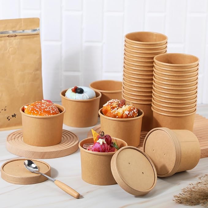 Fulmoon 100 Pack Paper Soup Containers with Lids Disposable Paper Food Containers with Vented Lids Kraft Ice Cream Bowls Soup Cup Ice Cream Cups for Restaurants(12 oz,Brown)