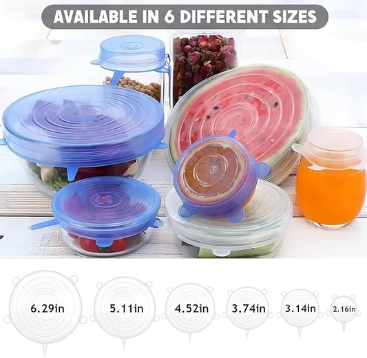 12 PCS Reusable Stretch Silicone Lids for Food Storage, Heat-Resistant Silicone Bowl Covers for Cup, Cans, Jars, Universal Food Grade Silicone Lid for Round Container (6 Different Sizes)