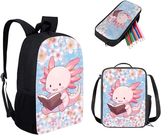 Dolyues Cherry Blossom Axolotl Cute Girls' Backpack Set for Elementary School - 3-Piece Bookbag with Lunch Bag & Pencil Case - Stylish and Functional School Essentials for Kids