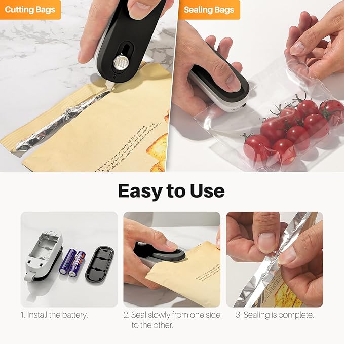 ODSD 2 in 1 Mini Bag Sealer - Heat Seal and Cutter with Lanyard, Portable Handheld Chip Bag Sealer for Snacks, Candies, Food Storage (Batteries Included)