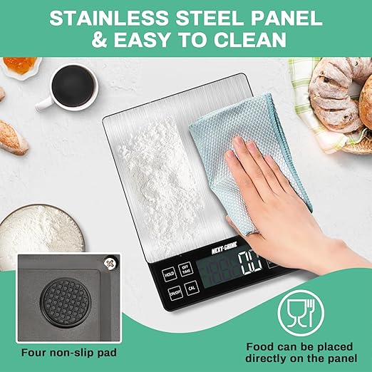 NEXT-SHINE Kitchen Food Scale - 11lb/5kg, Rechargeable Digital Grams and Ounces for Cooking, Baking, Meal Prep, 0.1g/0.01oz Precise Graduation, 304 Stainless Steel Platform LCD Display