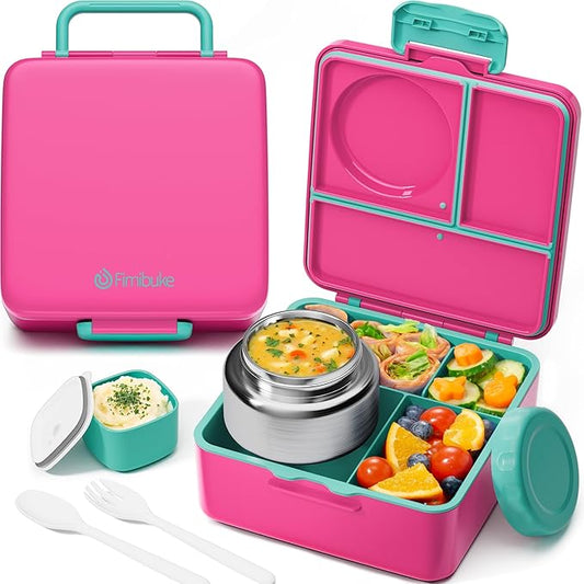 Fimibuke Bento Box for Kids with Thermos, 60OZ Bento Lunch Box Container with Leakproof 8OZ Insulated Food Jar, 3-4 Compartments, Sauce Jar, Utensils for Teens Toddler Adult, BPA-Free, Dishwasher Safe
