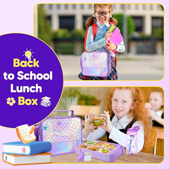 JYPS Mermaid Bento Box for Kids with Insulated Lunch Bag, Lunch box Set with kids water bottle,Sauce Container,Ice Pack,Utensils,Perfect Lunch Container for Girls and Toddlers Back to School Age 7-15