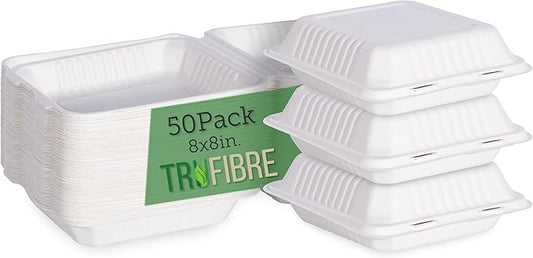 8 x 8 50 Pack White Clamshell Take Out Containers, 100% Biodegradable Compostable Bagasse, Disposable To Go Food Containers with Lids in Bulk