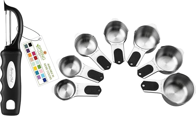 Spring Chef Premium Swivel Vegetable Peeler & Stainless Steel Magnetic Measuring Cups, Set of 7-2 Product Bundle - Black