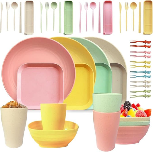 48 Pcs Dinnerware Sets for 4,Plates and Bowls Sets Unbreakable Tableware set,Plates Bowls Cups Cutlery Sets,Travel Camping Lightweight Dinnerware（Light Color）