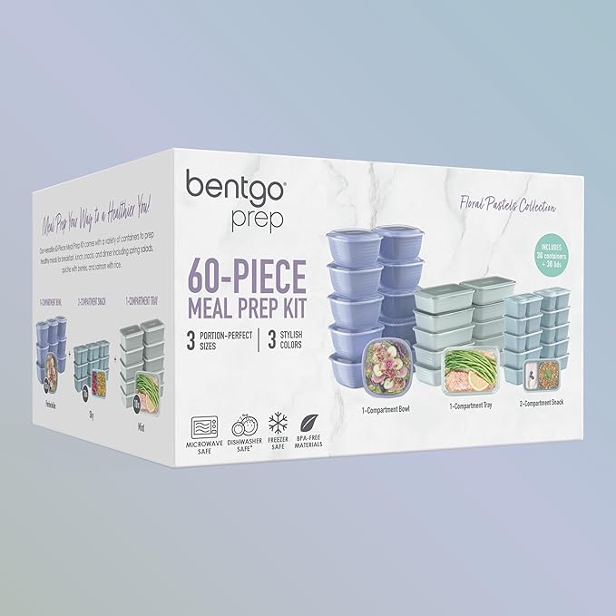 Bentgo Prep 60-Piece Variety Meal Prep Kit - Reusable Food Containers 1-Compartment Trays, Prep Bowls, & Snack Boxes for Healthy Eating - Microwave, Freezer, & Dishwasher Safe (Floral Pastels)