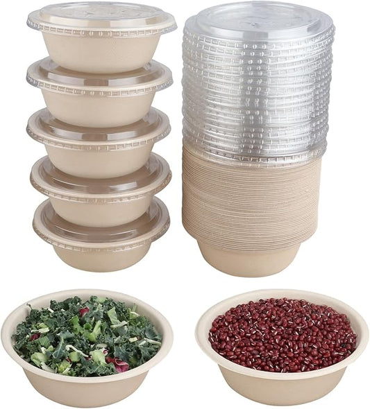16 oz Round Disposable salad bowls with lids, Sugarcane Fiber Paper Bowls take away food containers Plant Fibers Freezer Safe 50 Pack