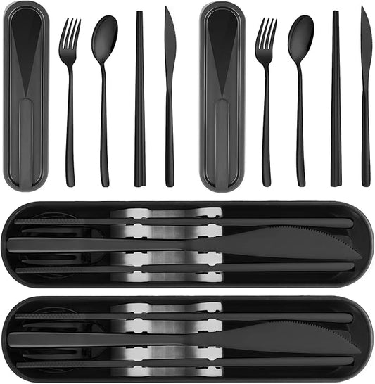 Travel Utensils with Case, PHILIPALA 2 Sets 18/8 Stainless Steel Reusable Utensils Set with Case, Travel Cutlery Set with Knife Fork and Spoon Chopsticks Set for Lunch Work Camping (Black, Black)