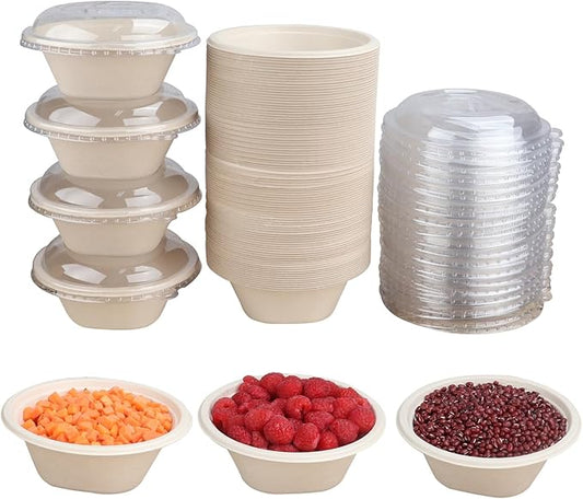 16 oz Round Disposable salad bowls with lids, Sugarcane Fiber Paper Bowls take away food containers Plant Fibers Freezer Safe 50 Pack