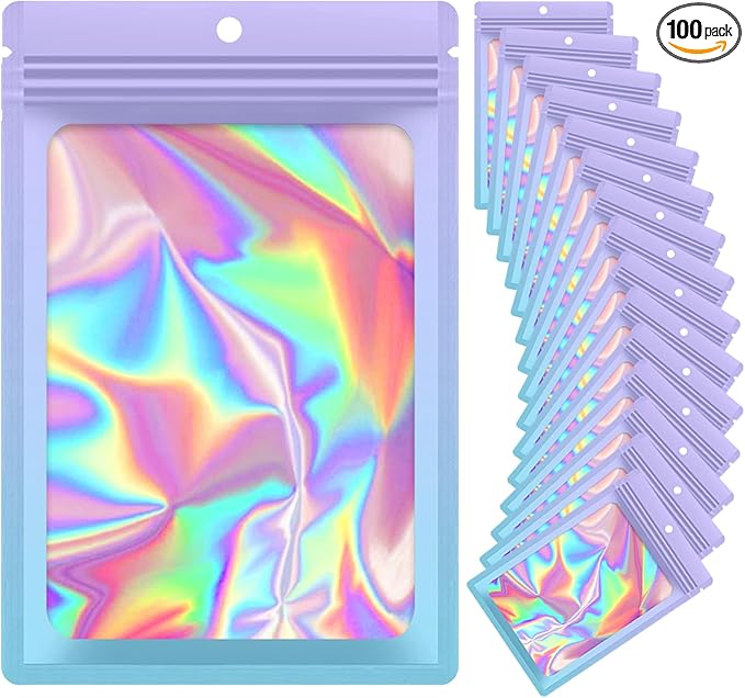 100 Pieces Resealable Mylar Bags, Smell Proof Bags with Clear Window for Food Storage Party Favor Packaging Small Business (Purple&Light Blue, 2.4×4)