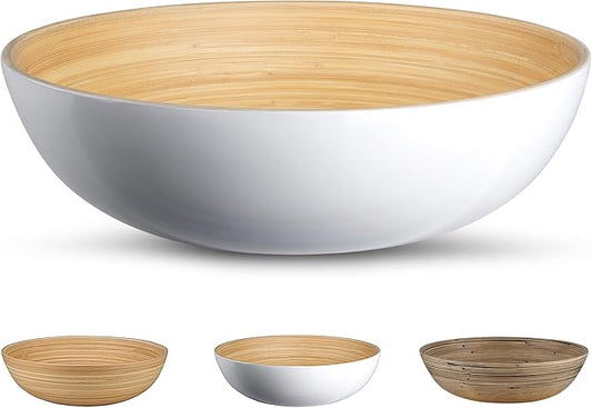 LEXA Bamboo Salad Bowl 12 Inch Extra Large Serving Bowl, Lightweight Popcorn Bowl or Chip Bowl for Party Snacks, Handcrafted Salad Bowls Large Serving (Ceramic White)
