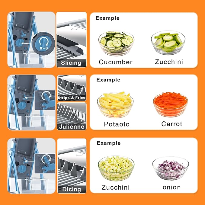 Thickness Adjustable Vegetable Chopper, Safe Mandoline Slicer Food Chopper With Container, Kitchen Gadgets Potato French Fry Cutter Tomato Apple Slicer Onion Vegetable Dicer - Gray&Blue