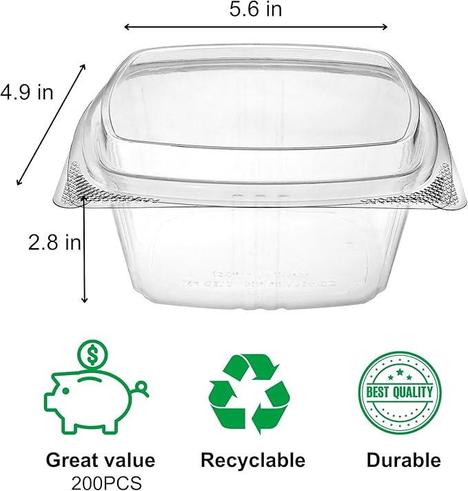 16oz Tall Dome RPET Clear Hinged Lid Deli Container- 200Pcs