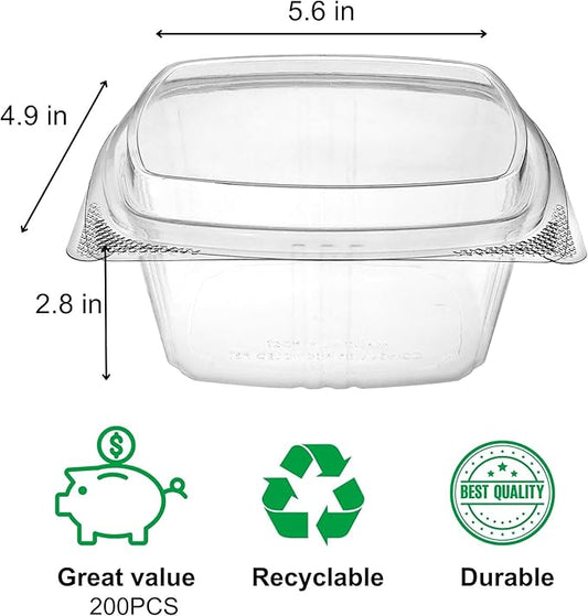 16oz Tall Dome RPET Clear Hinged Lid Deli Container- 200Pcs