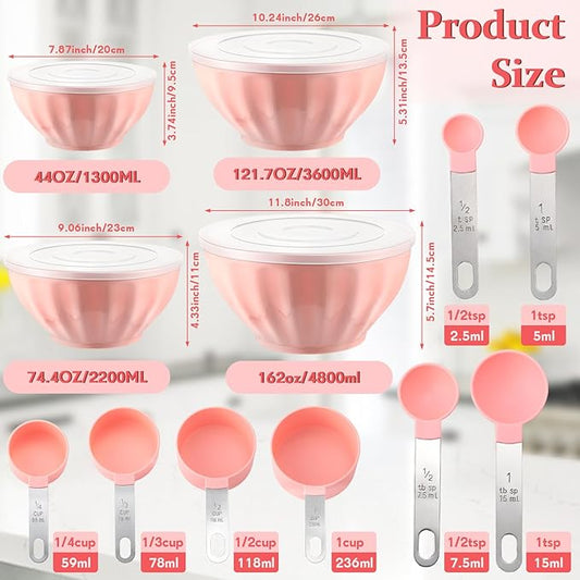 4 Pcs Mixing Bowls with Lids Plastic Nesting Bowls Set with Stainless Steel Colander 8 Pcs Measuring Cups and Spoons Set and Foldable Kitchen Funnel for Kitchen Cooking Accessories (Pink)