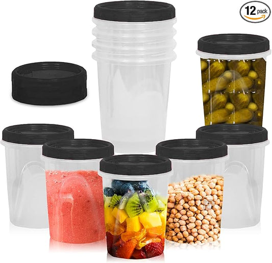 [Black - 12 Pk] Airtight Deli Containers with Lids Twist Lock Top Clear Food Storage for Meal Prep Snacks and Leftovers Freezer and Microwave Safe Stackable Leak-Resistant and 12 Pc. Set (32 Ounce)