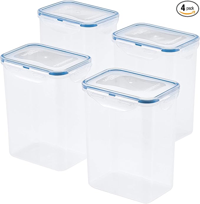 LocknLock Easy Essentials Airtight Rectangular Tall Food Storage Container 7.61 Cup, 4 Piece, Clear