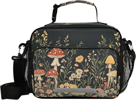 MNSRUU Student Lunch Bag Vintage Wildflower Mushrooms Insulated DinnerTotes Picnic Bag Lunch Box with Adjustable Shoulder Strap for Teen Kids Adults