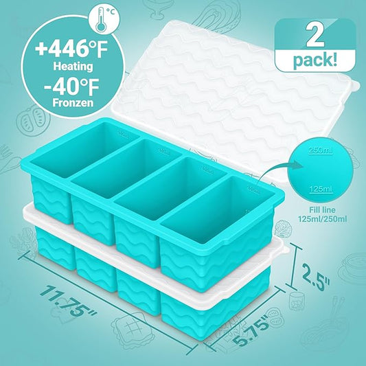 Silicone Freezer Tray for Soup with Lid – 1-Cup Soup Container Style Ice Cube Trays for Freezer, Meal Prep & Food Storage, Freeze 250mL/125mL Portions – 2 Pack