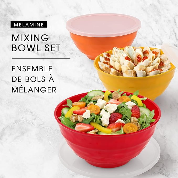 Mixing bowl set with lids, 6 piece melamine nesting bowl set for pasta baking salad mixing, set of 3, three colours,