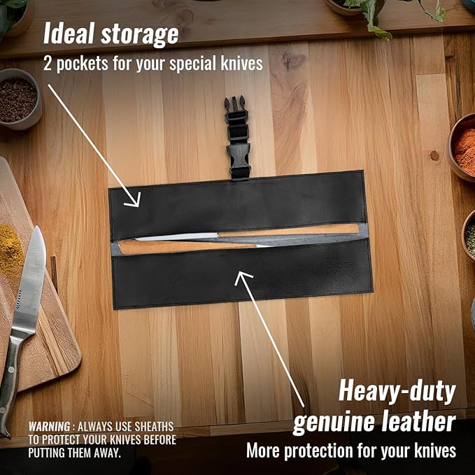 Under NY Sky Genuine Leather Knife Roll Case - 2 Slots - Real Leather Pouch - Portable Bag for Cooking Tools, Utensils, Cutlery Knives, Brushes - Chefs, Kitchen, Travel, Gift - Black L
