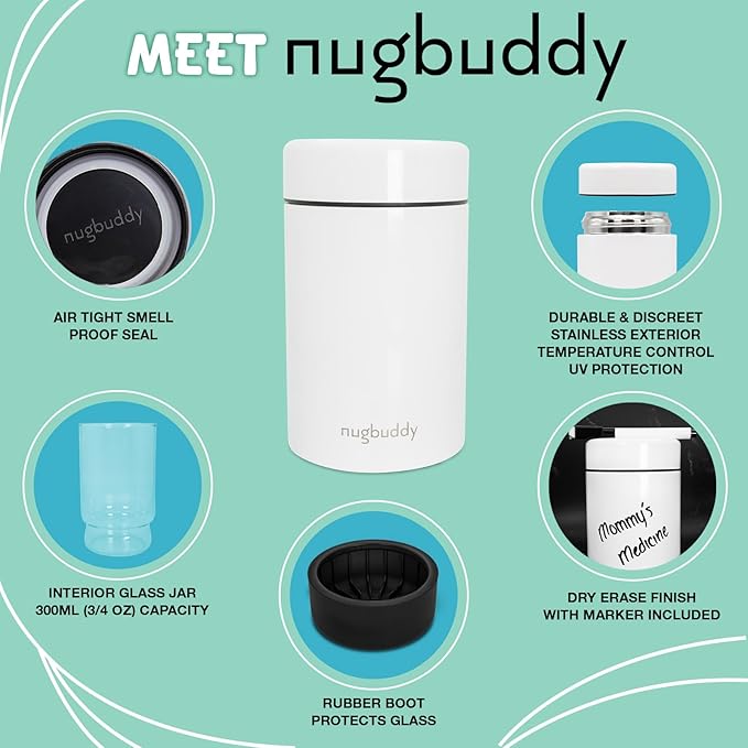 Smell Proof Container - Vacuum Insulated With Nested Glass Jar - UV Protection, Temperature Controlled Storage - Air Tight Stash Jar - Whiteboard Finish + Marker Included- 300 ml (3/4 Oz)