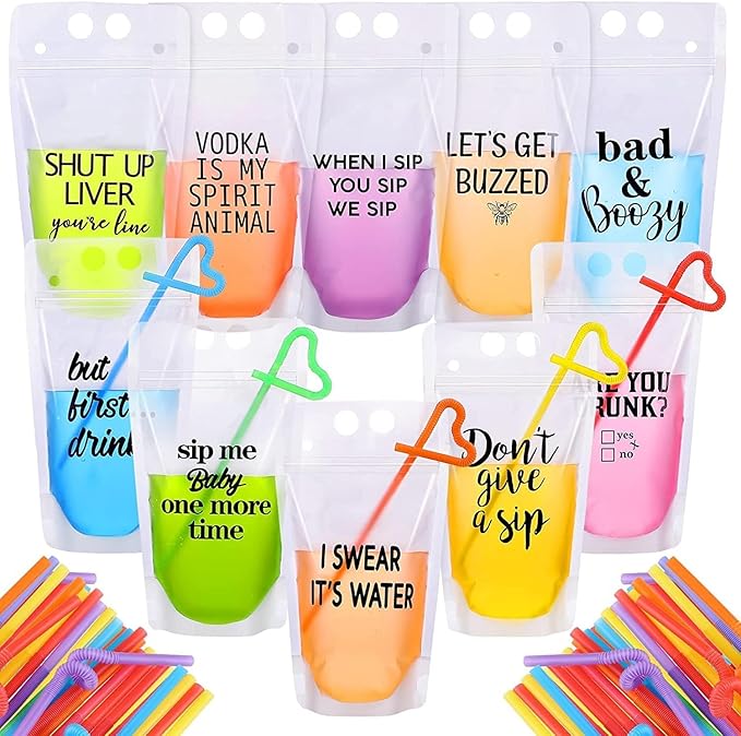 100Pcs double zip pouches drink Bags with 100 Straws,&30 Popsicle Bags Heavy-duty Handheld Foldable Ice Beverage Bags for Smoothies, Cold & Hot Drinks