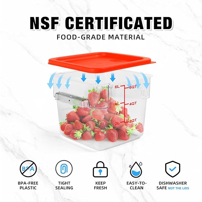 12Qt NSF Food Storage Containers with Lid - 4pcs Food Grade/Heat Resistant/Freezer Safe/Clear Square Large Food Storage Containers Set with Scale Handles for Restaurant Kitchen Pizza Cereal, w/ Labels