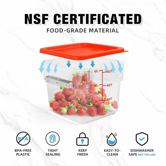 12Qt NSF Food Storage Containers with Lid - 4pcs Food Grade/Heat Resistant/Freezer Safe/Clear Square Large Food Storage Containers Set with Scale Handles for Restaurant Kitchen Pizza Cereal, w/ Labels