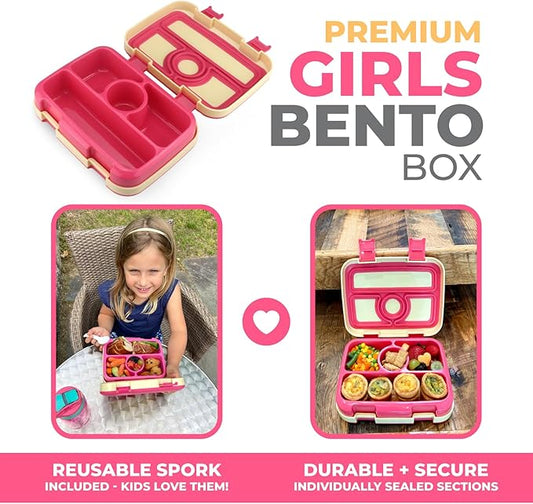 kinsho Bento Lunch Box for Kids Toddlers Girls, 4 Portion Sections Secure Lid, Microwave Safe BPA Free Removable Tray, Pre-School Kid Daycare Lunches Snack Container Ages 3 to 5, Cute Summer