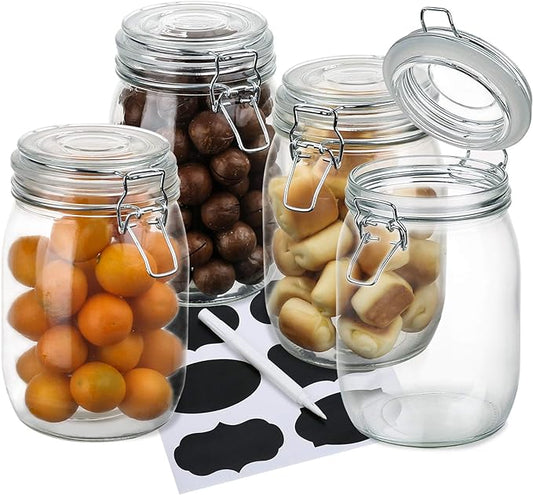OAMCEG 4 Pack Wide Mouth Mason Jars - 34 OZ Airtight Glass Canning Jars with Leak Proof Rubber Gasket and Clip Top Lids, Perfect for Storing Coffee, Sugar, Flour or Sweets
