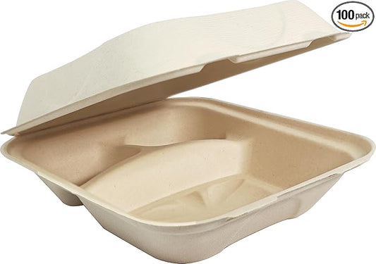 World Centric Compostable Clamshell Container 8x8x3'', 3-Compartment – Grease and Moisture Resistant – 100 Pack