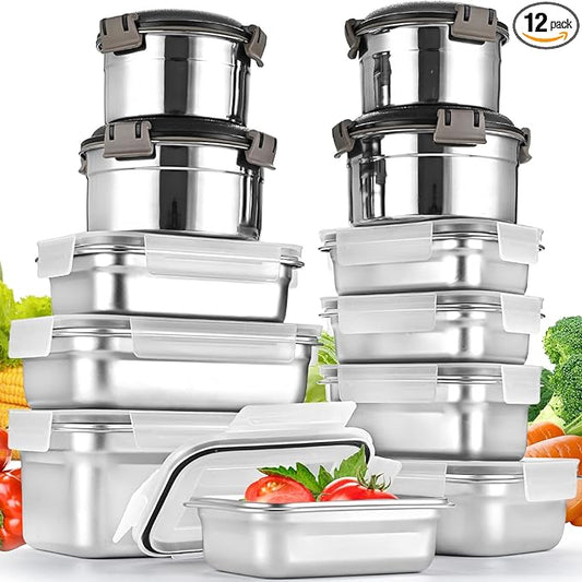 12PC 304 Stainless Steel Food Storage Containers with Lids Leakproof, Meal Prep Container Airtight, Lunch Boxes, Kimchi Containers for food storage Nestable | Oven/Dishwsher/Freezer Safe
