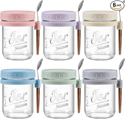 LANDNEOO 6 Pack Overnight Oats Containers with Lids and Spoons, 16 oz Glass Mason Overnight Oats Jars, Large Capacity Airtight Jars for Milk, Cereal, Fruit