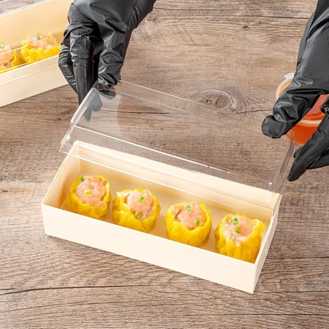 Restaurantware LIDS ONLY: Taipei 7.5 Inch Rectangle Long Straight Lids, 100 Plastic Lids For 18 oz Rectangle Long Straight Wooden Containers - Containers Sold Separately, Clear Plastic Lids